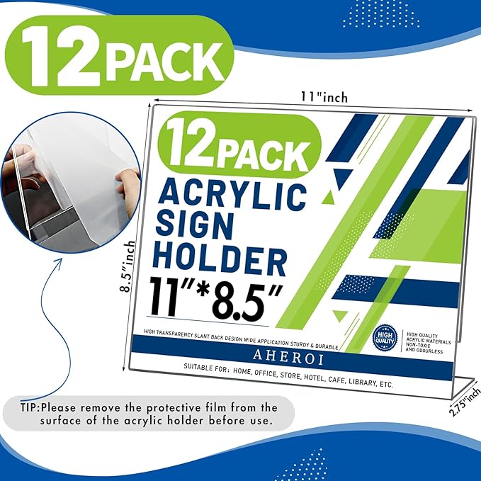 Aheroi 12Pcs Acrylic Sign Holder 8.5 x 11, Horizontal Clear Sign Holders 8.5 x 11, L-Shape Acrylic Paper Holder, Plastic Sign Holder Paper Holder Display Stand for Menu Document Picture Frames
