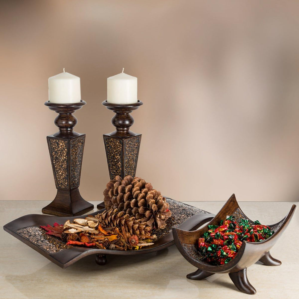 Creative Scents Schonwerk Brown Pillar Candle Holder Set of 2- Crackled Mosai...