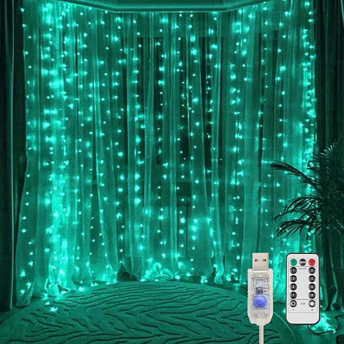 suddus Curtain Lights for Christmas, 200 Led 6.5ft x 6.5ft Hanging String Lights Outdoor, Fairy Curtain Lights for Backdrop, Window, Wall, Party, Garden, Bedroom, Birthday Decorations, Teal