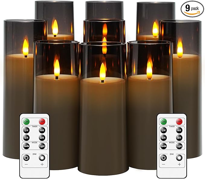 Flickering Flameless Candles Battery Operated with Remote and 2/4/6/8 H Timer Plexiglass Led Pillar Candles Pack of 9 (D2.3 xH 6" 7" 8") with Realistic Moving Wick Candles for Home Decor(Grey)