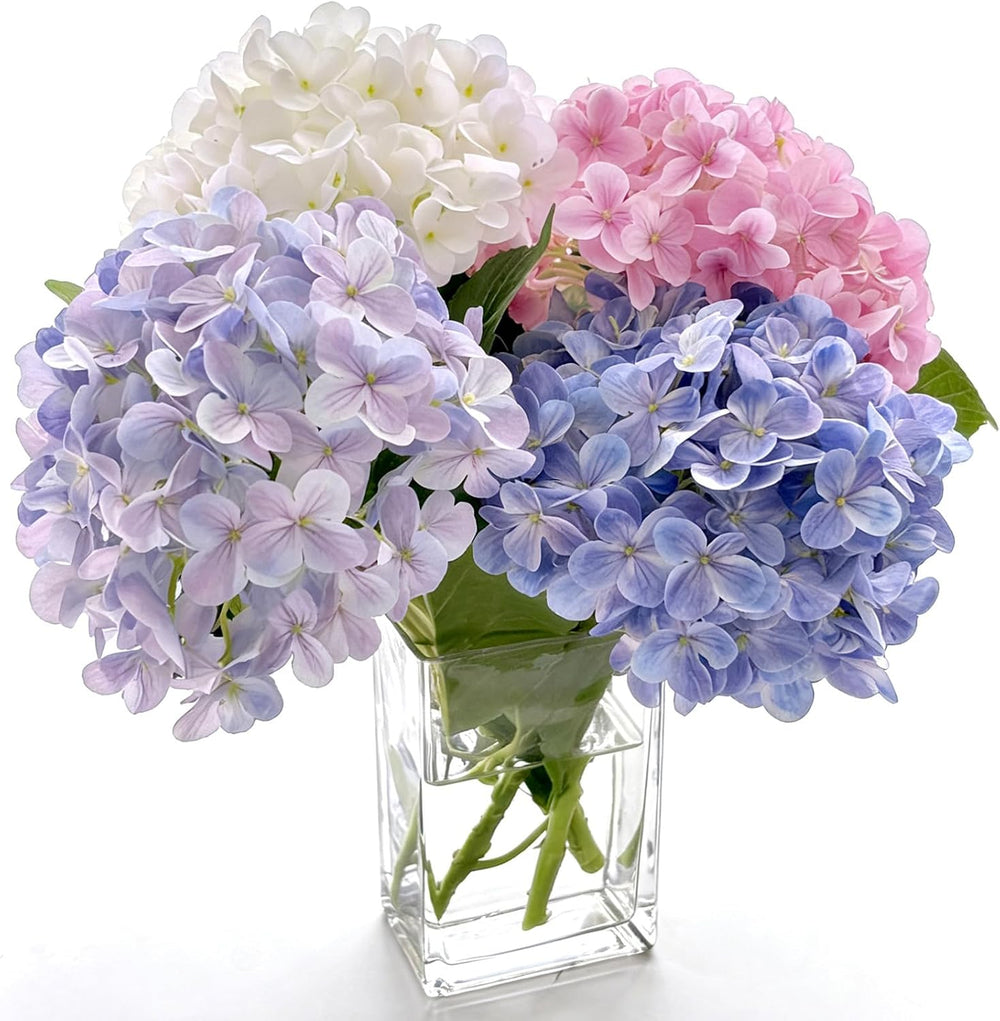 Hydrangea Artificial Flowers with Glass Vase, Real Touch Bouquet