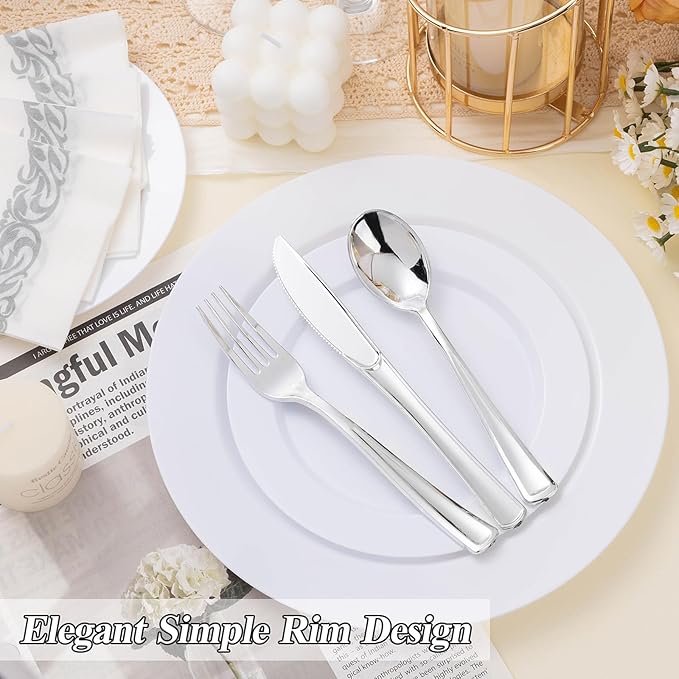 200PCS White Plastic Plates Set, 100 10.25 inch Dinner Plate and 100 7.5 inch Dessert Plates, Premium Disposable Plates for Party, Wedding