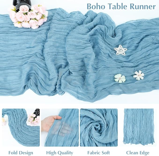 10 Pack Baby Blue Cheesecloth Table Runner -21*120Inch Long Boho Wedding Table Decor, Rustic Gauze Fabric Runner for Bridal Showers, Baby Showers & Parties (Sheer, Lightweight, Wrinkled Design)