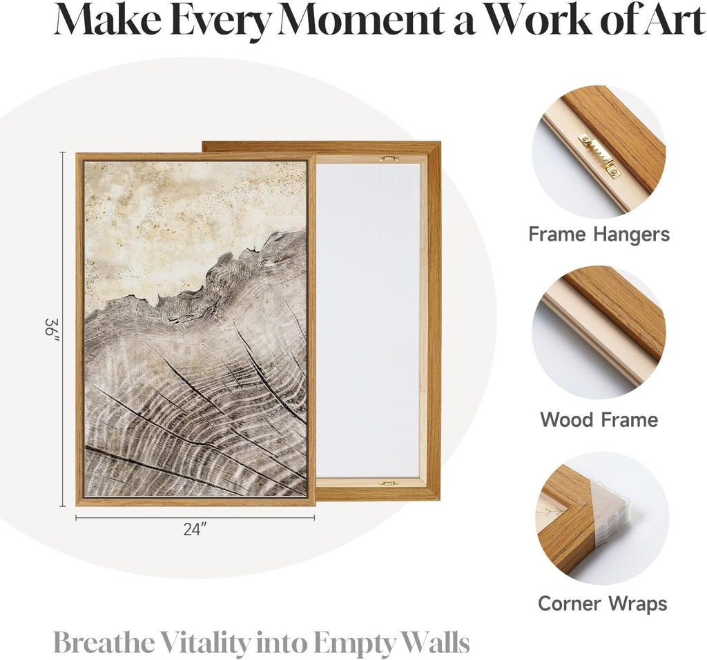 large framed modern farmhouse tree ring wall art, close-up detail