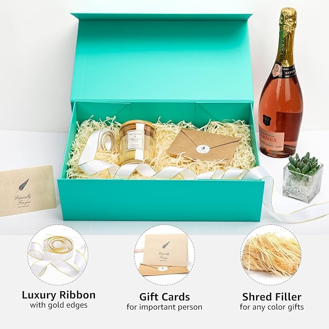 LIFELUM Large Gift Boxes with Lids,5 Pack 13.85 x 8.35 x 4.45 inch Rectangle Collapsible Gift Boxes with Ribbon,Card,Shredded Paper Filler Gift Boxes for Presents,Christmas,Birthdays