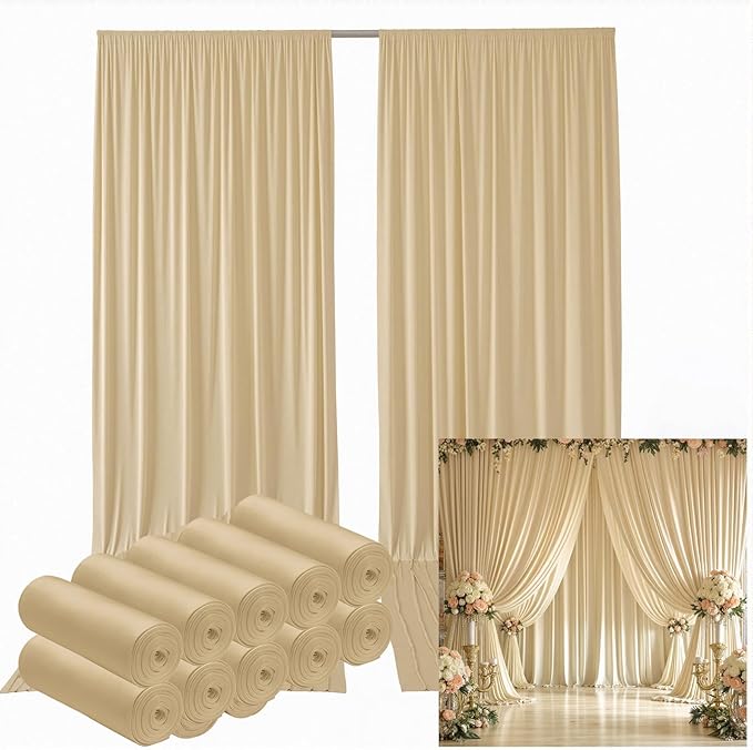 50ftx12ft Wrinkle Free Beige Backdrop Curtain, 10 Panels 12FT Height Beige Wedding Backdrop Drapes, Silky Polyester Back Drop Cloth for Birthday Photography Background Party Backdrop Draping
