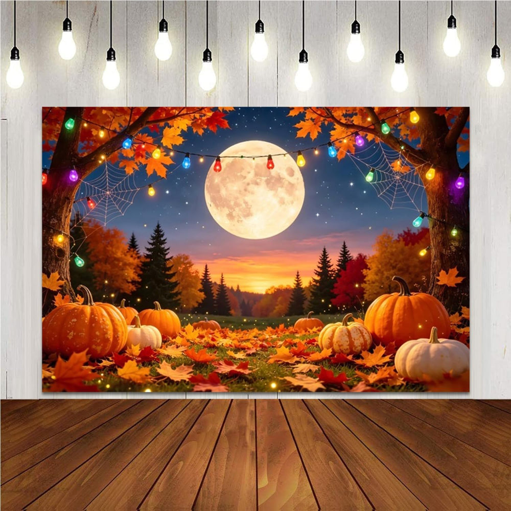 10x8FT Fall Maple Leaves Pumpkin Full Moon Photo Backdrop Decor