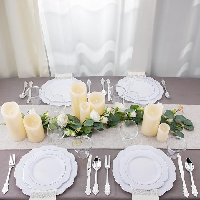NOCCUR 175pcs Silver Plastic Plates - Silver Rim Plastic Tableware Include 25 Dinner/Dessert Plates, 25 Forks, 25 Knives, 25 Spoons for Wedding/Party/Christmas