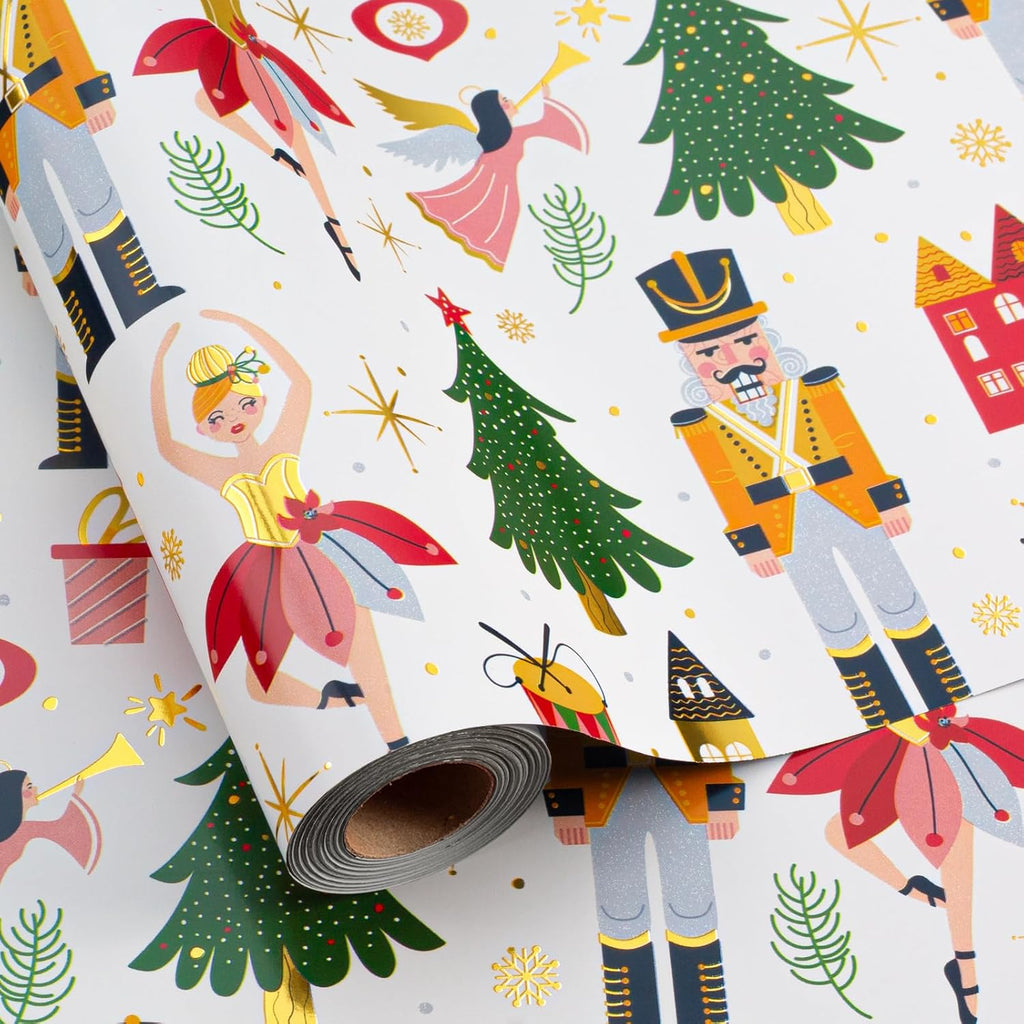 Burymento Christmas Wrapping Paper, White Nutcracker Gold Foil, Christmas Tree Design Gift Wrapping Paper Suitable for Holiday (30 Inch X 100 Feet)