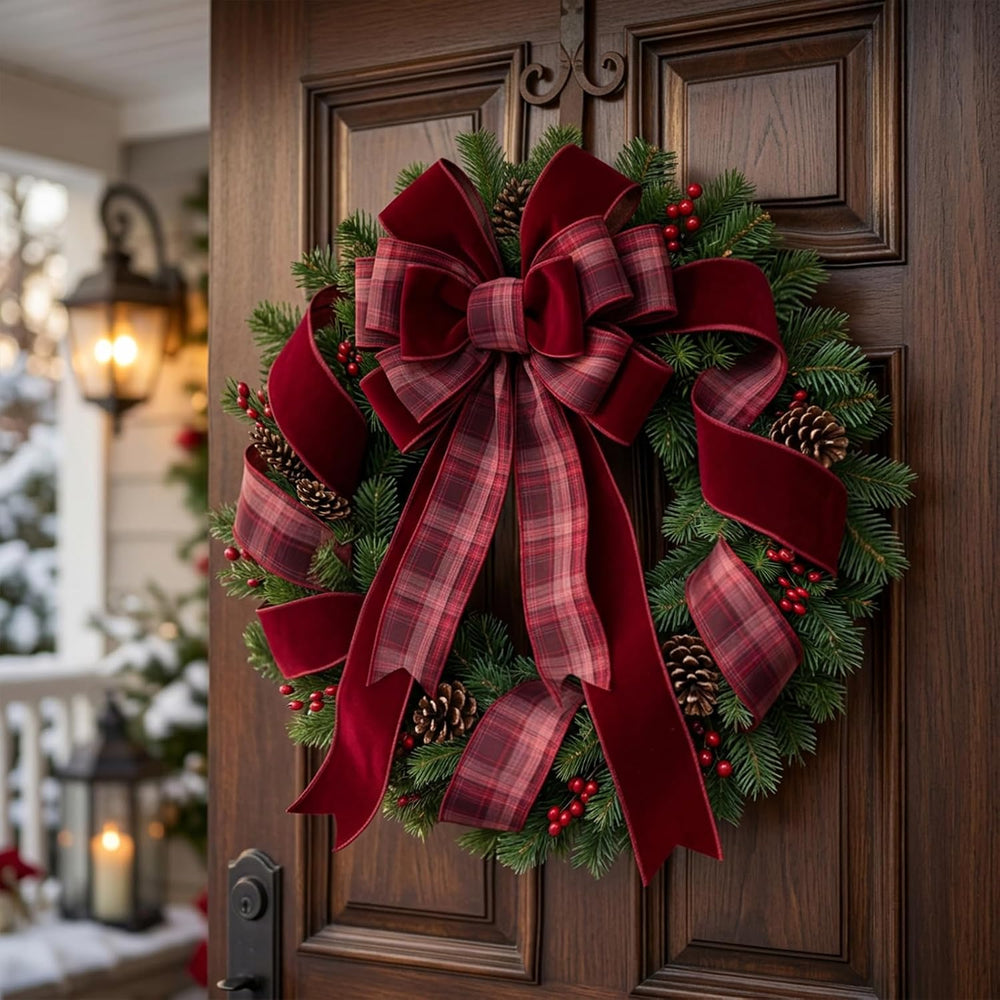 Burgundy Velvet Wired Ribbon with Plaid 4 Inch 10 Yards, Double Sided Christm...