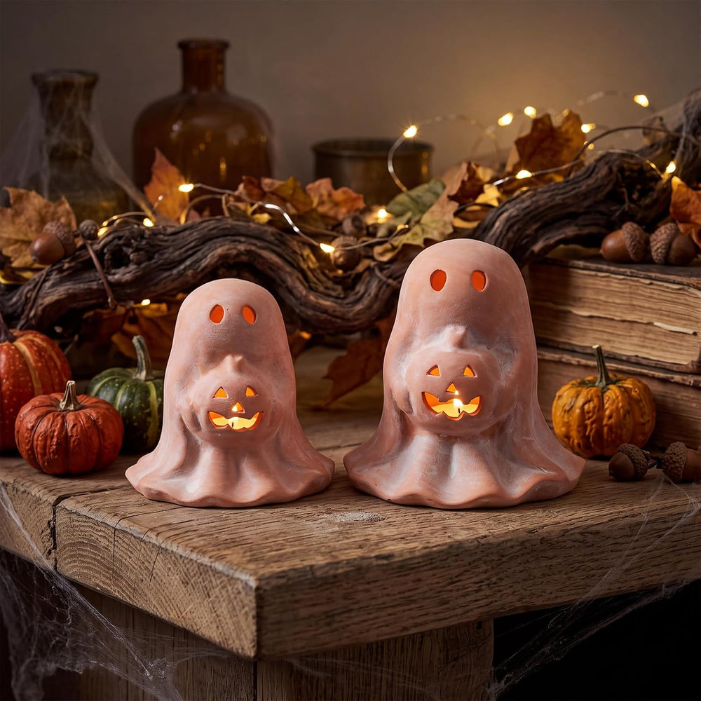 Tioncy 2 Pcs Halloween Terracotta Ghost Tealight Holder, Terracotta, Retro