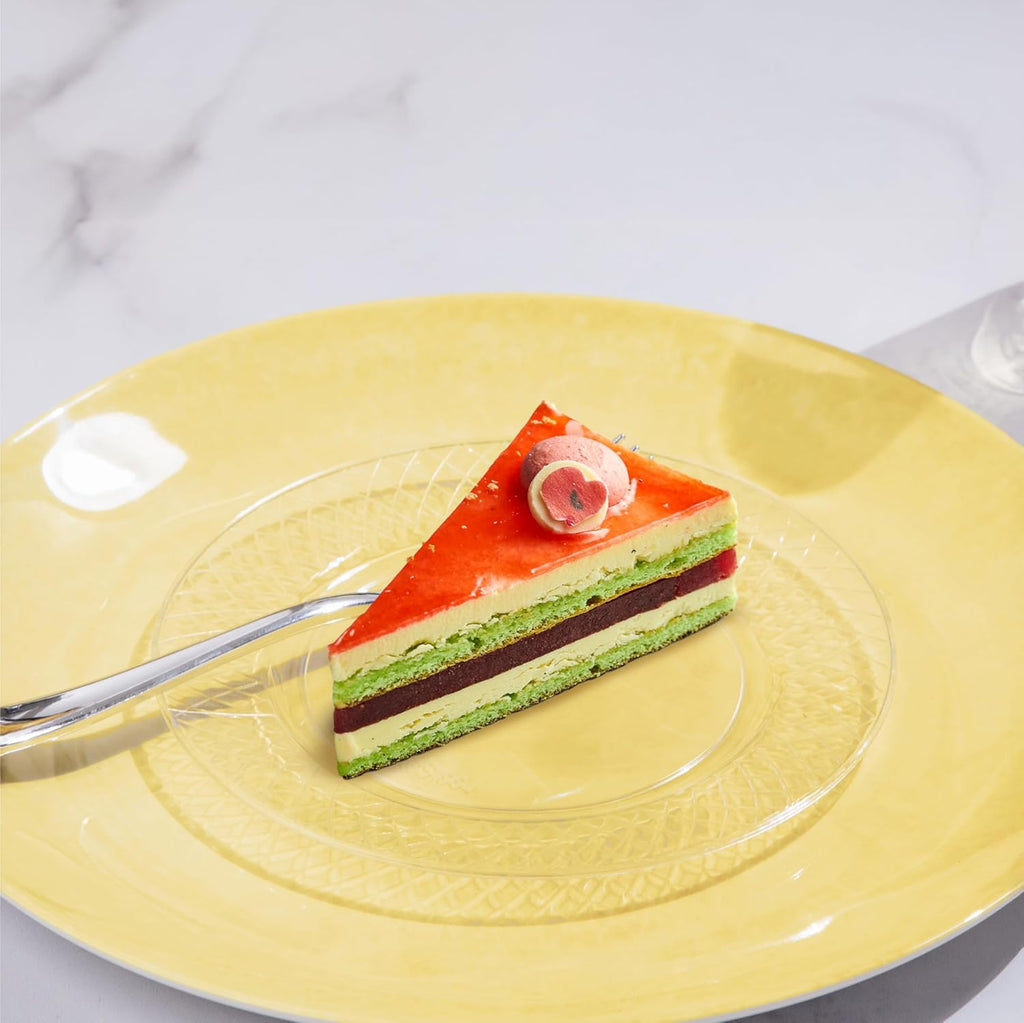 prestee 200 clear dessert plates - disposable heavy shown in use