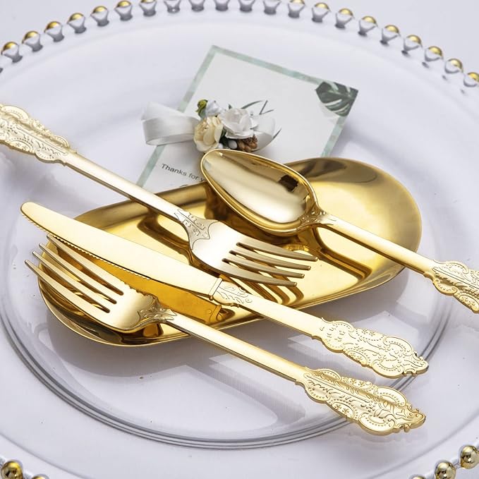 bUCLA 600 Pieces Gold Plastic Silverware - Plastic Gold Utensils - Heavyweight Disposable Cutlery - 200 Forks, 200 Spoons, 200 Knives for Party & Thanksgiving