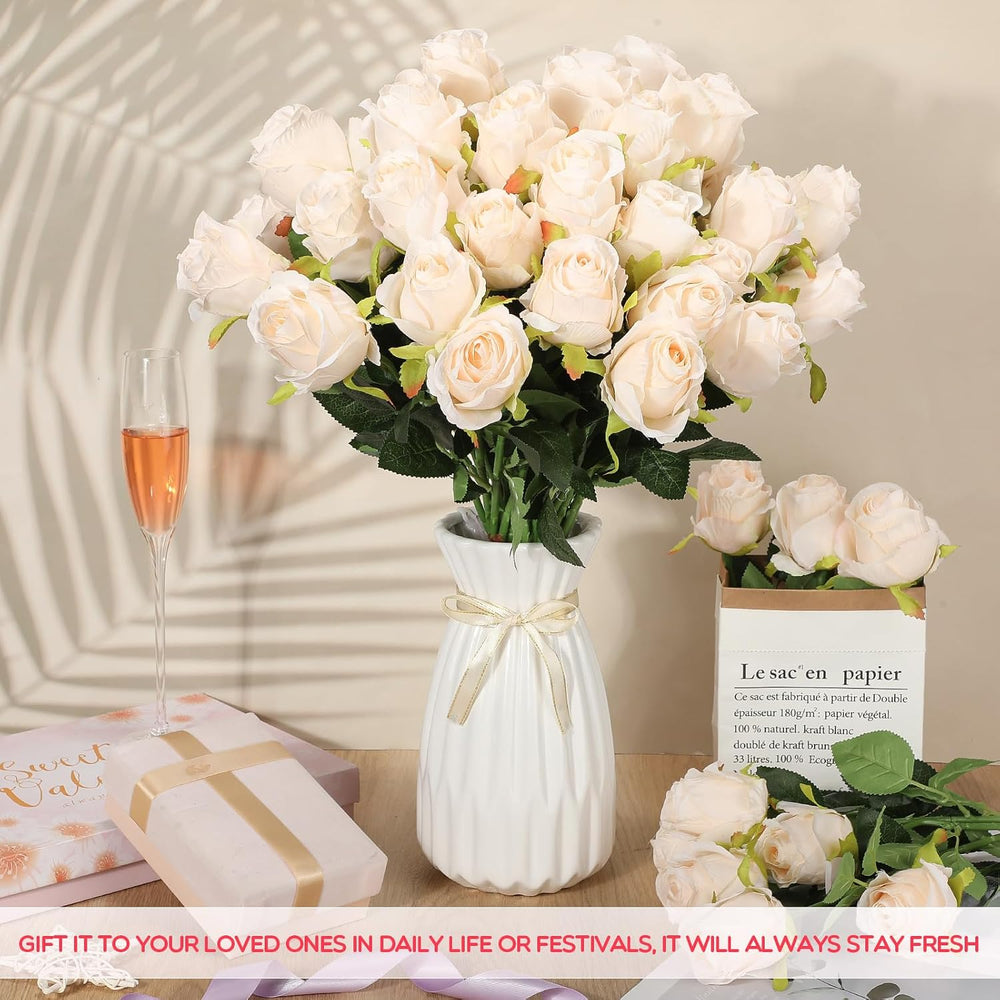 Jexine 50 Pcs Artificial Silk Roses Bulk with Long Stem,Beige Champagne