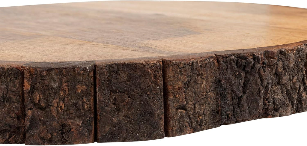 gocraft wooden round cutting board with tree bark, close-up detail
