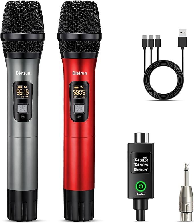 Bietrun XLR Wireless Microphone, UHF Dual Handheld Dynamic Metal Mic Set with Rechargeable Receiver, XLR to 1/4'' Adapter, for Karaoke, Church, Wedding, Party Singing(160 ft Range)(Auto Connect)
