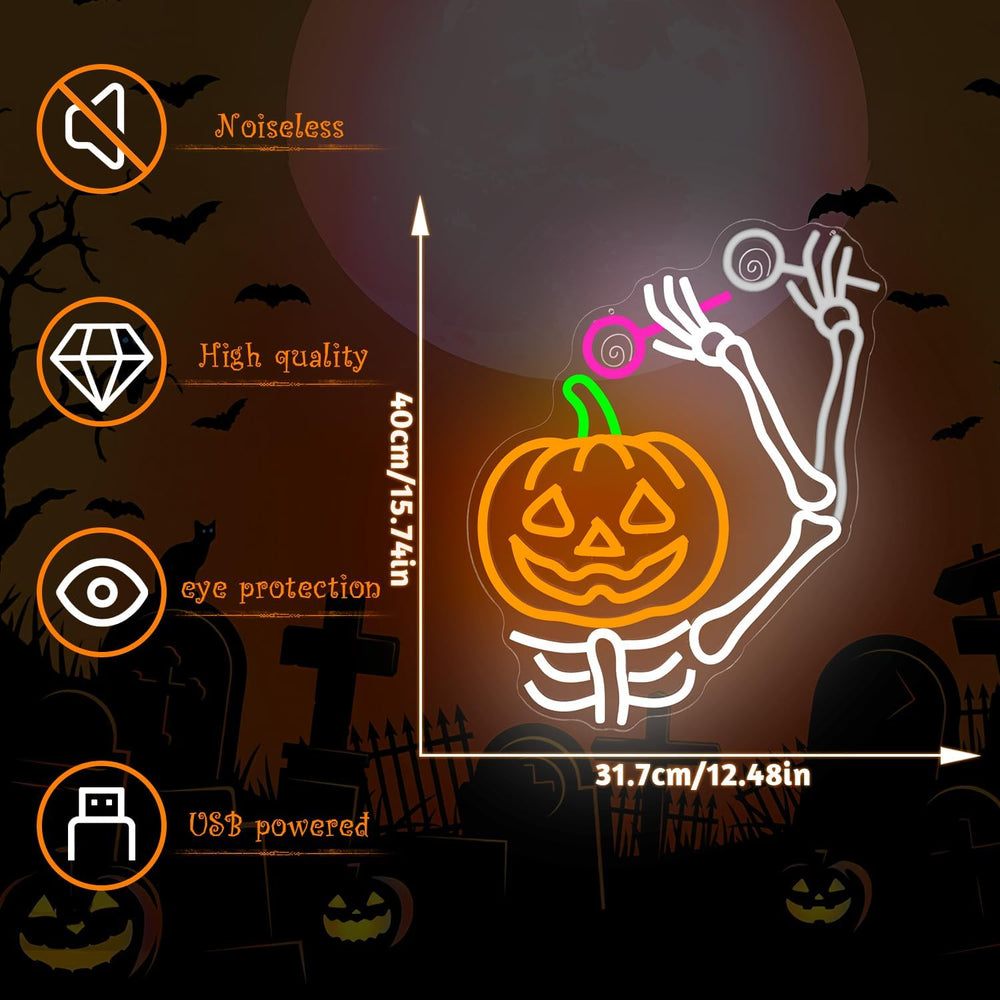 Waving Pumpkin Skull Halloween Neon Sign Skeleton LED Pumpkin with Lollipop