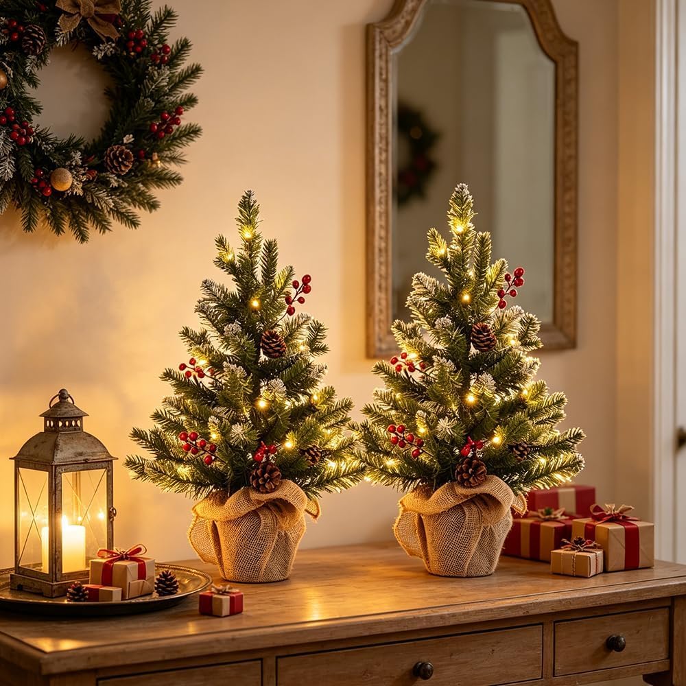 MEETYAMOR 2 FT Mini Christmas Tree, Set of 2 24" PE Prelit Small Artific...