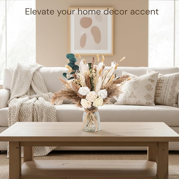 100pcs Artificial Flowers Arrangement With Vase Included, Dining Table Centerpiece Decorations, Fake Flowers in Vase, Dried Pampas Grass Floral Centerpieces, Coffee Table Decor, Centro de Mesa