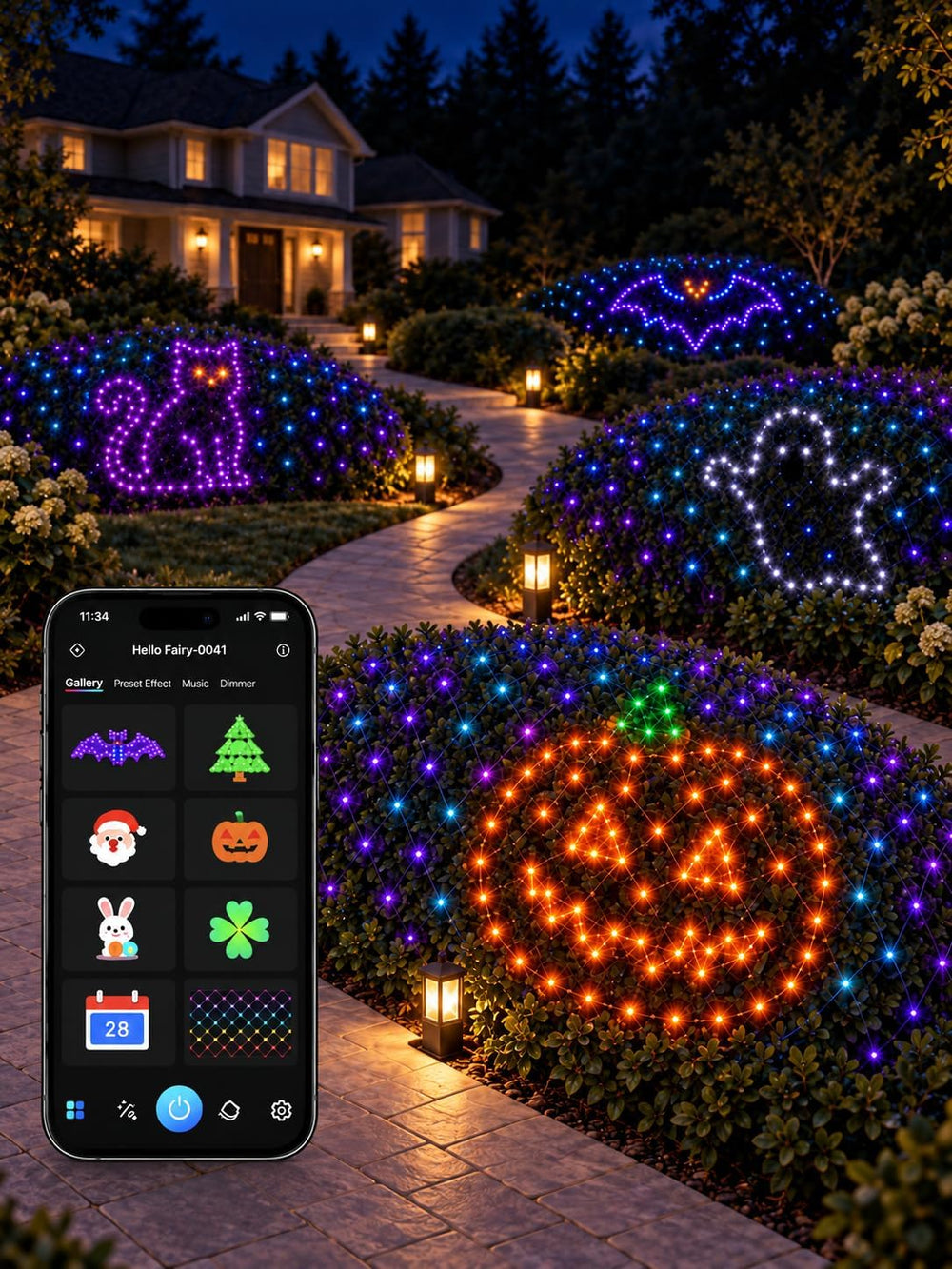 3 x 10 FT Smart RGB Net Lights, Hello Fairy App Control for Bushes