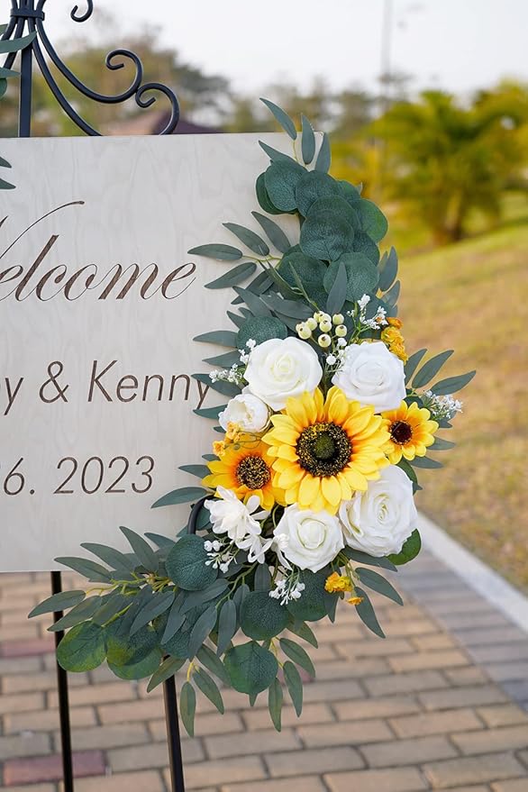 Ponatia Artificial Wedding Arch - Flowers (Pack of 2), White & Sunflowers for Wedding Welcome Signs and Ceremony Decorations