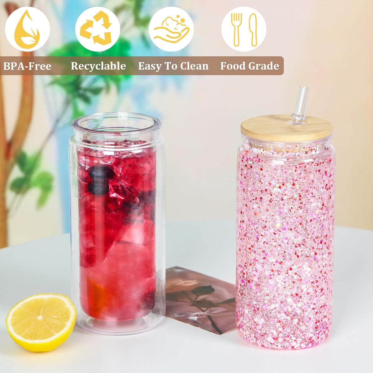 20 Oz Acrylic Snow Globe Tumbler, 16 Pack Pre-Drilled Double Wall Plastic Snowglobe Cup for Glitter Snow Globe Diy, with Bamboo Lid