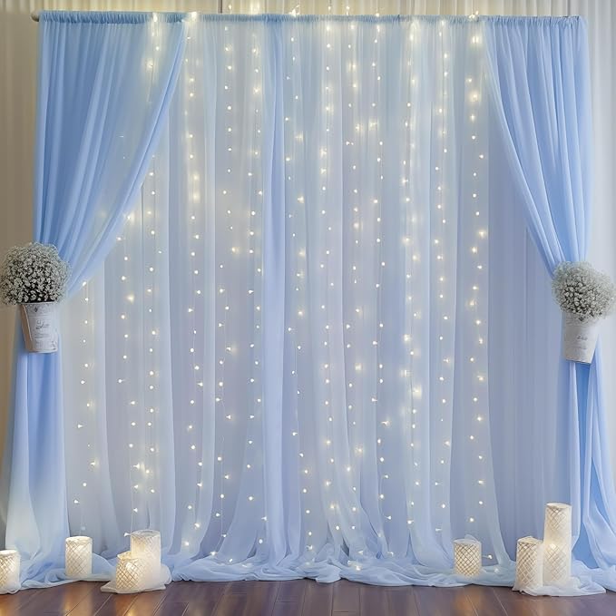 10ft x 10ft Baby Blue Chiffon Backdrop Curtain with Lights String for Parites Wedding Light Blue Curtains Photo Backdrop Drapes for Baby Shower Birthday Party Home Decorations