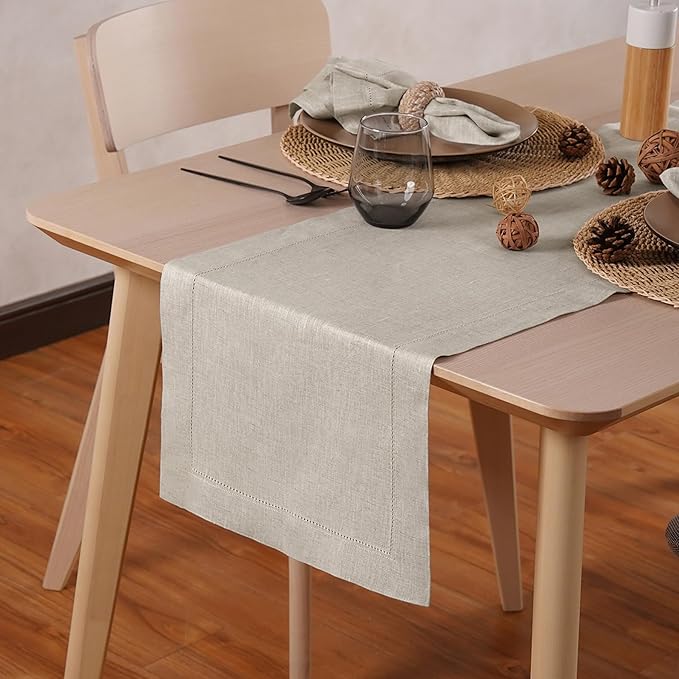 Linen Light Natural Table Runner 48 Inches - 100% Pure Linen Cloth Fabric Hemstitch Table Runner 14 x 48 Inch for Dining, Dresser, Thanksgiving, Fall Christmas - Lino