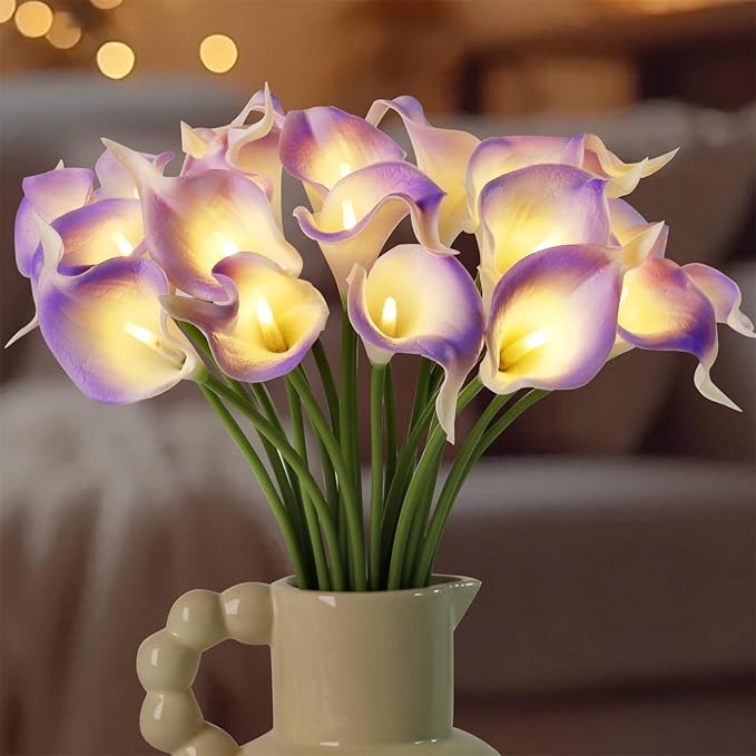 20pcs Artificial Calla Lily Bouquet Lamp Faux Floarl Night Light Real Touch Flower Night Lamp LED Calla Lily Lighted Artificial Flower for Her Gifts Home Kitchen Decor(Light Purple)