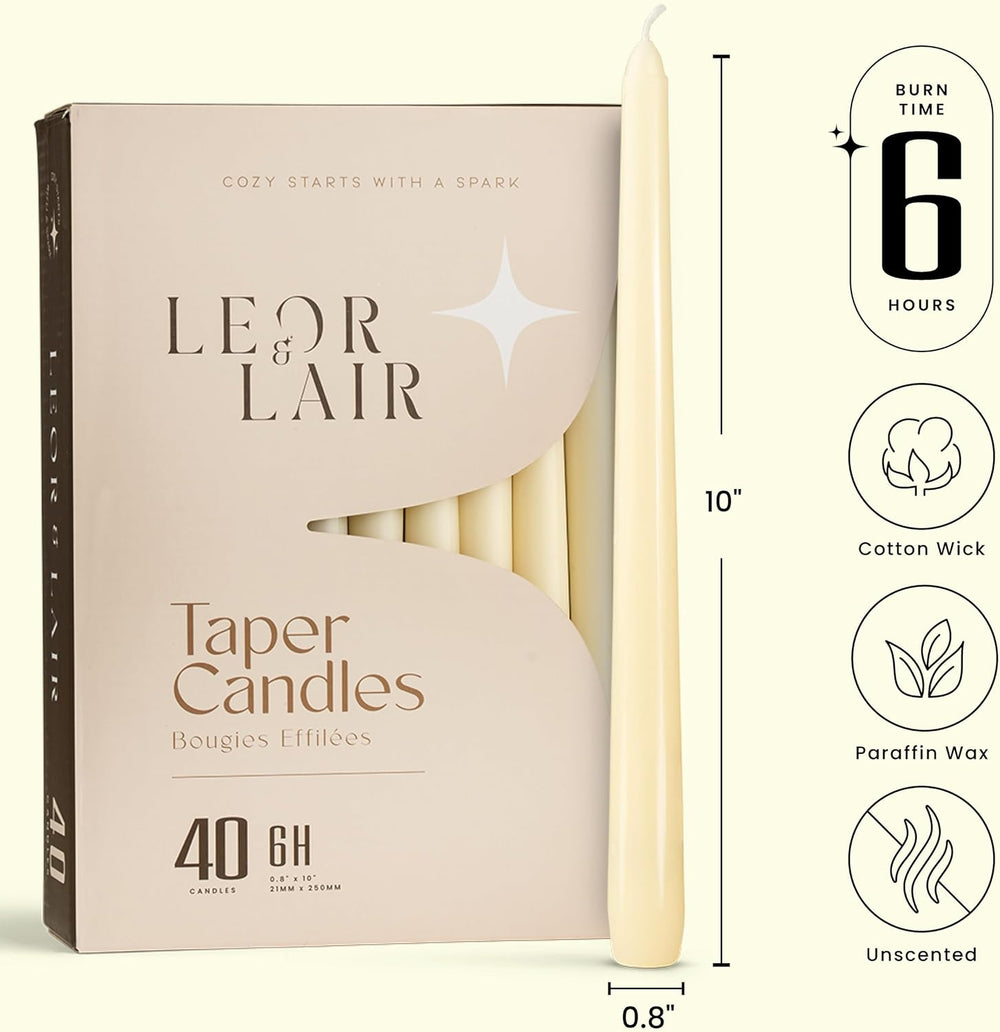 Leor & Lair Ivory Taper Candles 40 Pack, 10 Inch Unscented Candlesticks
