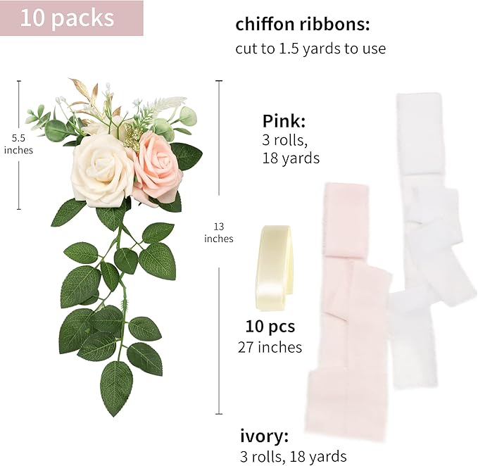 Wedding Aisle Decorations - Set of 10 Pew Flowers - Artificial Roses & Eucalyptus - Pink & Cream - 5.5" x 13" - Elegant Traditional Modern Style - Chair Flowers