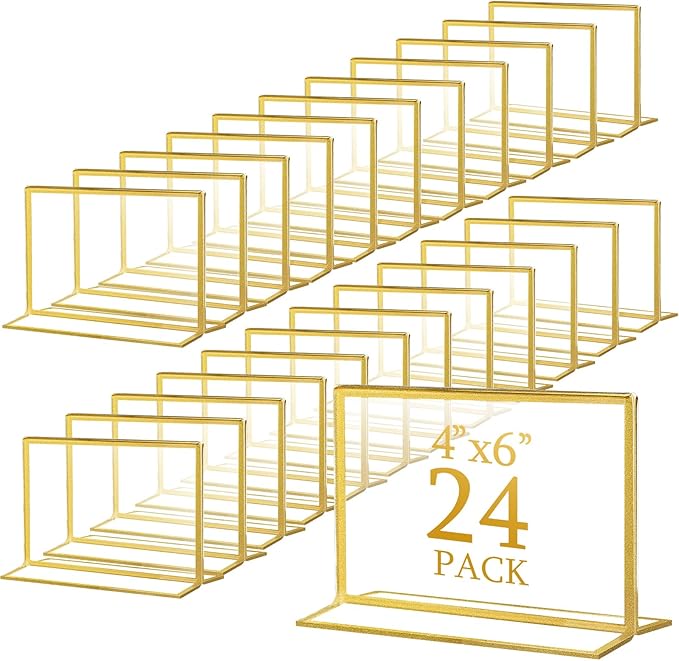 Hoteam 24 Pack 6 x 4 Clear Acrylic Sign Holder with Gold Borders, Gold Picture Frame, Double Sided Wedding Table Number, Acrylic Menu Stands for Wedding Table, Restaurant Sign, Photos Display