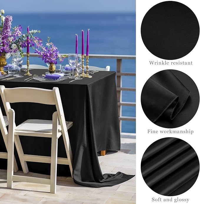 TURSTIN 4 Packs Black Satin Tablecloth 102 x 58 Inch Overlay Satin Table Cover Rectangle Bright Silk Tablecloth Smooth Fabric Table Decoration for Wedding Banquet Party Events