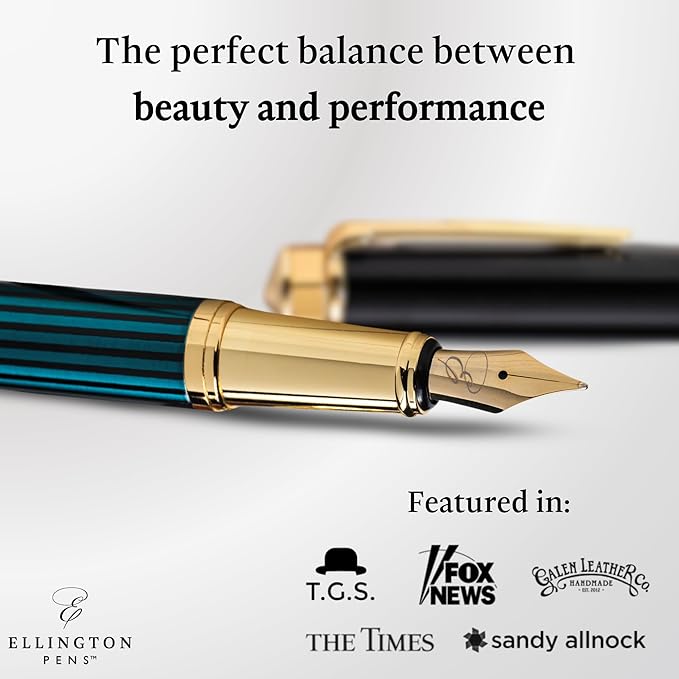 Ellington Pens Luxury Fountain Pen Set- Fountain Pens for Writing - Smooth Fine Nib - Includes Refillable Ink Converter, 3 Ink Cartridges [Black & Blue], Gift Box - Elegant Calligraphy