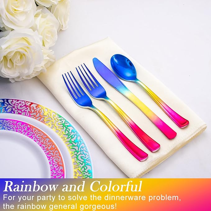 Supernal 120pcs Rainbow Plastic Silverware Set Colorful Party Utensils Blue Pink Gold Plastic Silverware Include 40 Rainbow Forks, 40 Gold Knives and 40 Blue Spoons for Trolls Party