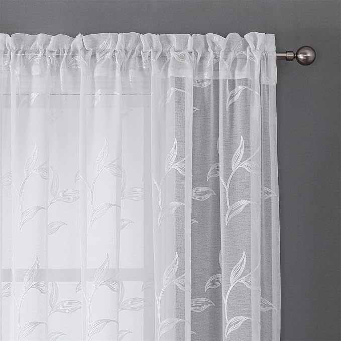 VISIONTEX White Sheer Voile Curtains, Decorative White Embroidery Faux Linen Rod Pocket Window Drapes for Home Kitchen, Living Room and Bedroom 54 x 108 Inch, Set of 2 Curtain Panels