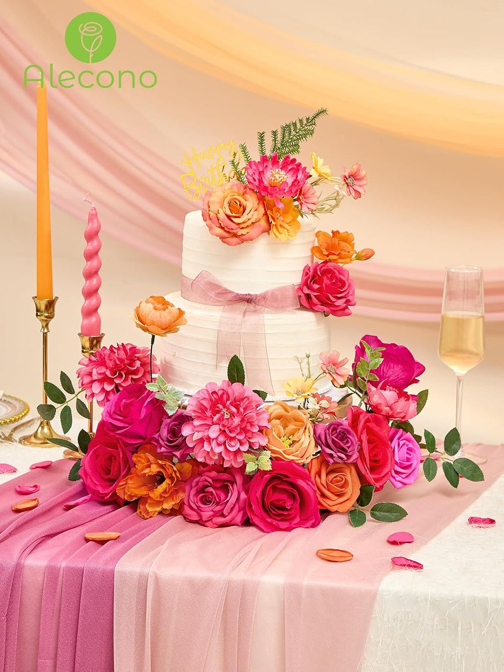 Alecono Orange and Hot Pink Artificial Flowers, Silk Fake Floral Set