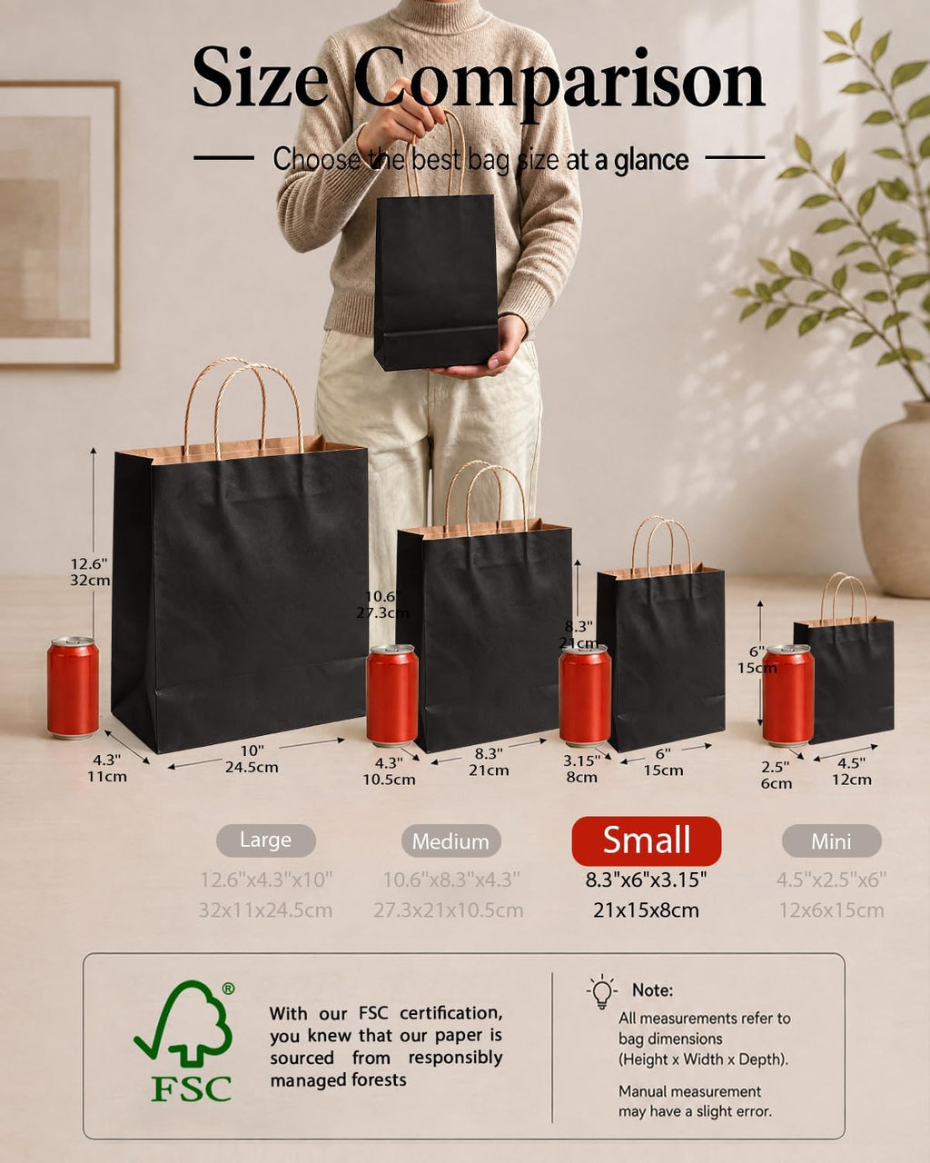 qiqee 600-packs black paper gift bags with handles shown in use