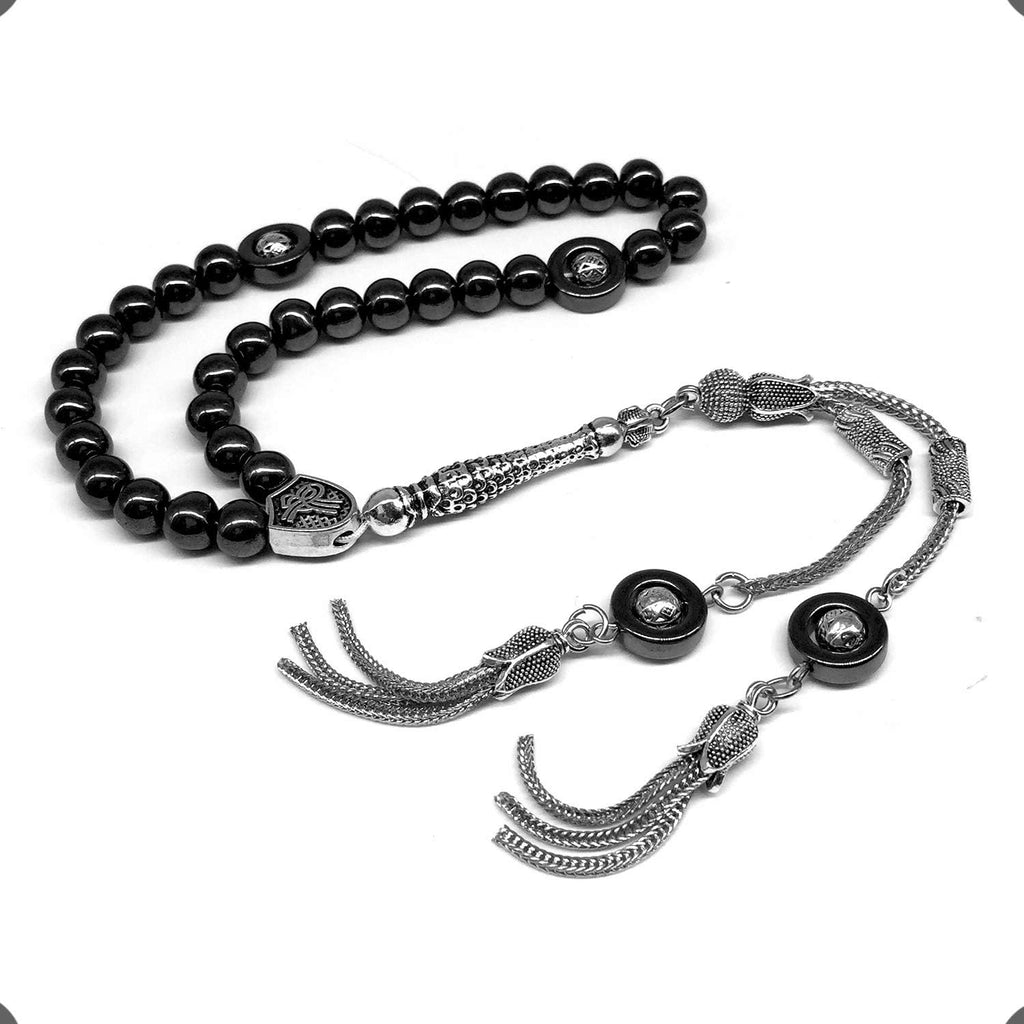 Design - Long & Stylist Tassels Worry Beads - Prayer Beads (8 mm-33 Beads) Tesbih-Tasbih-Tasbeeh-Misbaha-Subha-Sebha-Sibha-Rosary (Black Hematite - Silver Plated)