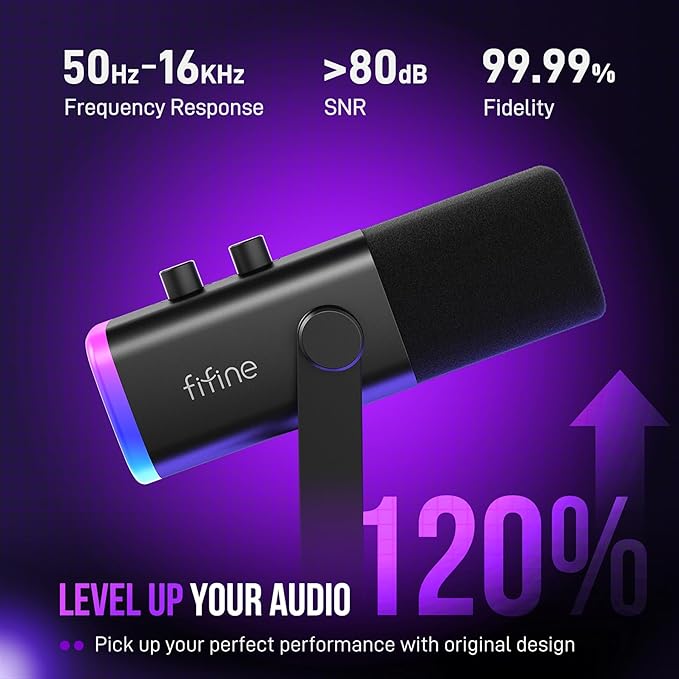 FIFINE XLR/USB Gaming Microphone Set, Dynamic PC Mic for Streaming Podcasting, Computer RGB Mic Kit with Boom Arm Stand, Mute Button, Headphones Jack, for Recording Vocal Voice-Over-AmpliGame AM8T