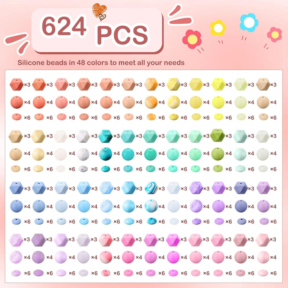 Hotop 624 Pcs Silicone Beads, 48 Colors for Jewelry Making, Candy Color