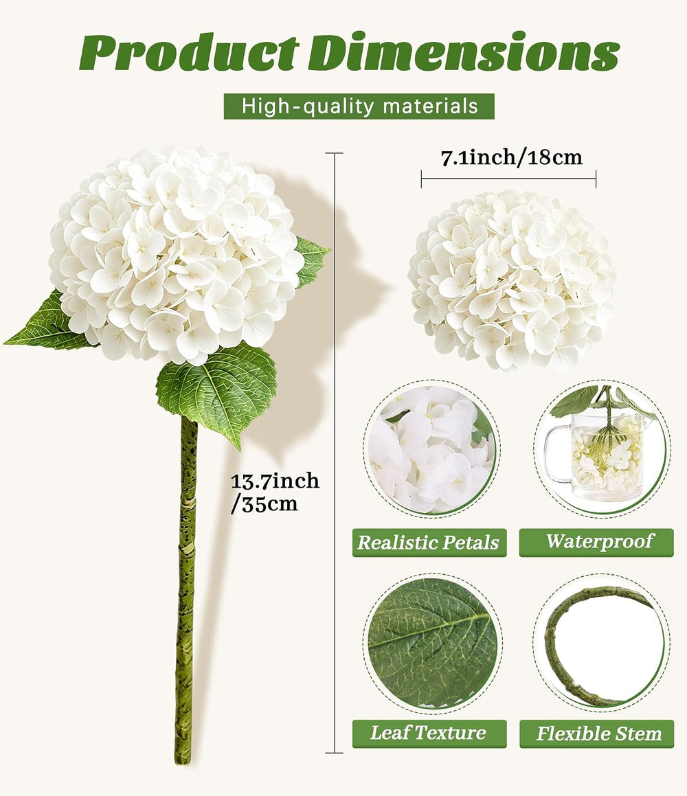 5Pcs White Faux Hydrangeas Artificial Flowers with Stems & Leaves