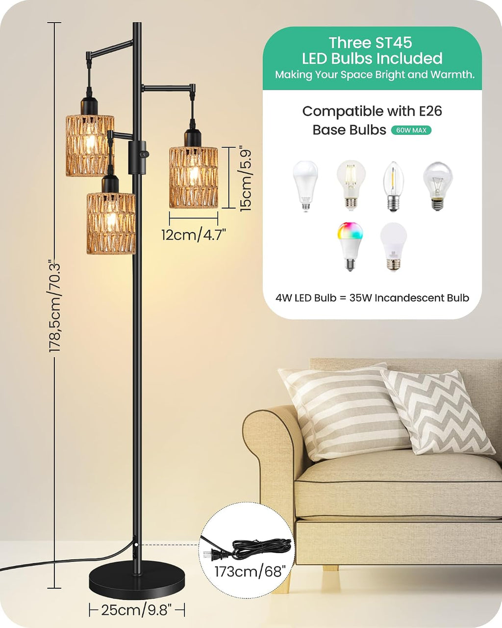 Dimmable Floor Lamp, Farmhouse Tall Standing 70.3" Tree Lamp with 3 Rope Woven Lampshades, Boho Rattan Floor Lights, 4W 3 LED Bulbs Included, for Living Room, Bedroom, Study, Office B03LD05