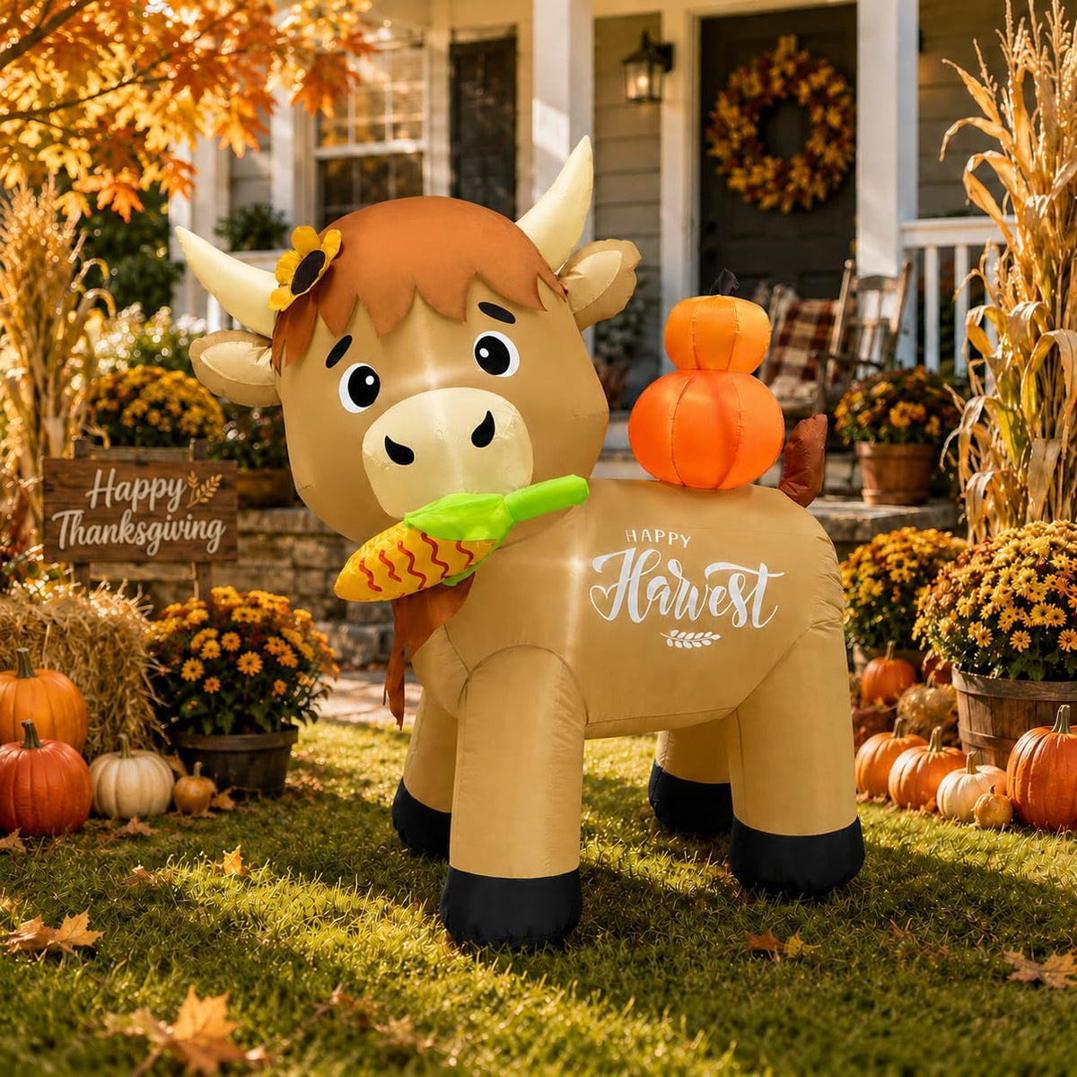 5FT Thanksgiving Inflatable Highland Cow Outdoor Decoration, Harvest Cow Blow Up Yard Decor with Pumpkin, Corn Cob, LED Lights for Fall Lawn Garden Party