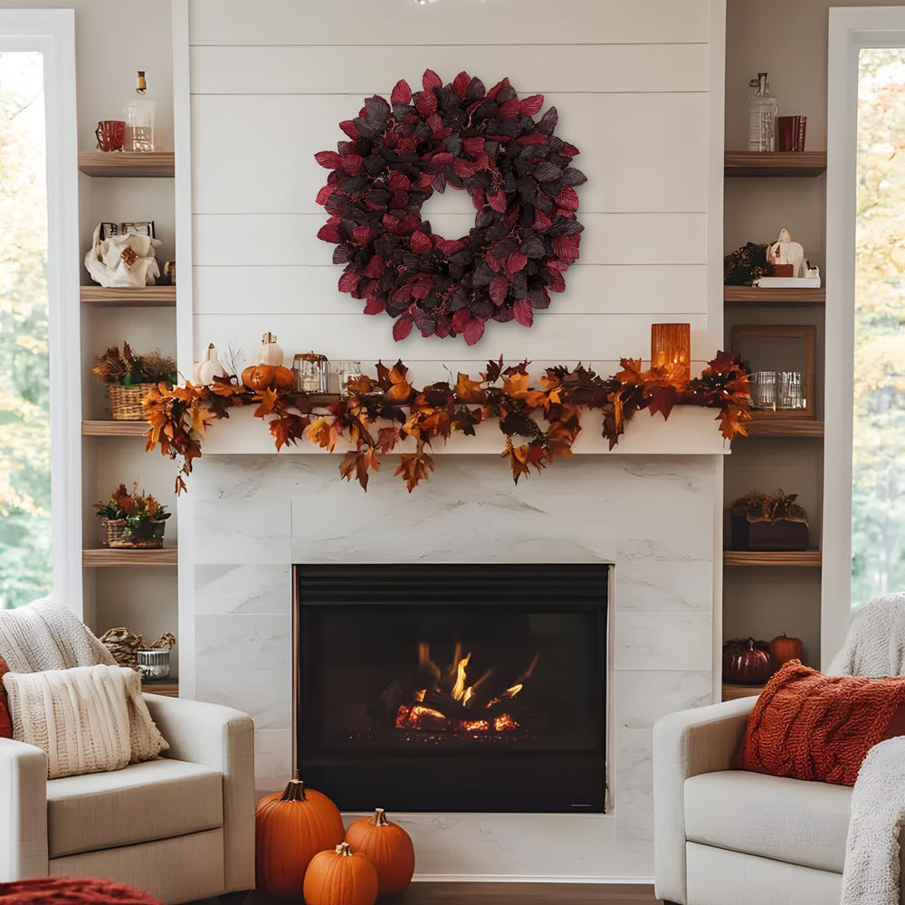 Artificial Fall Leaf Wreath for Front Door – 24" Autumn Wreath with Life...