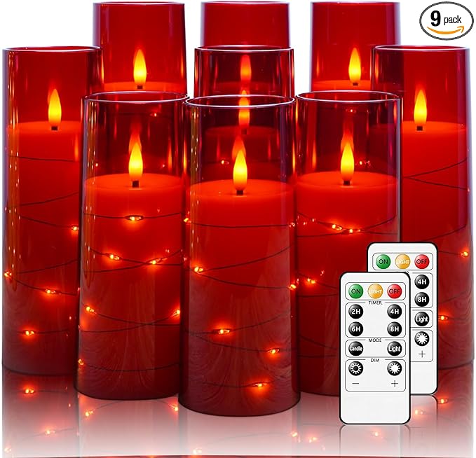 Flickering Flameless LED Candles,Battery Operated Candles 9 Pcs with Embedded Star String,Acrylic LED Pillar Candles with Remote,Suitable for Home Decoration to Create an Atmosphere（Red）