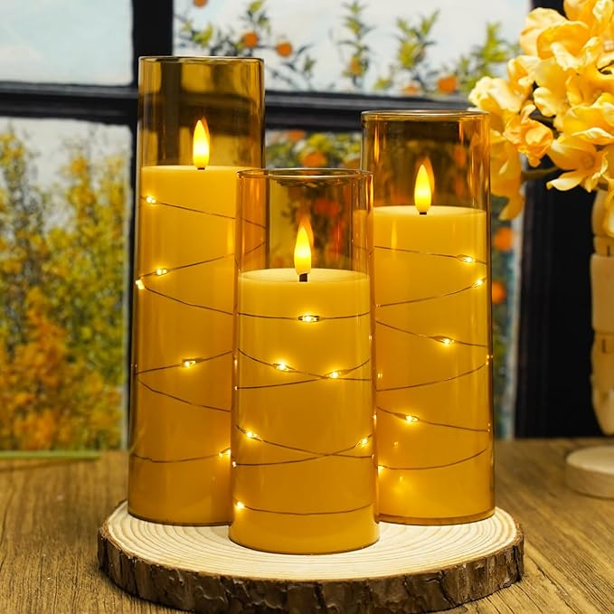 Flickering Flameless LED Candles,Battery Operated Candles 9 Pcs with Embedded Star String,Acrylic LED Pillar Candles with Remote,Suitable for Home Decoration to Create an Atmosphere（Gold）