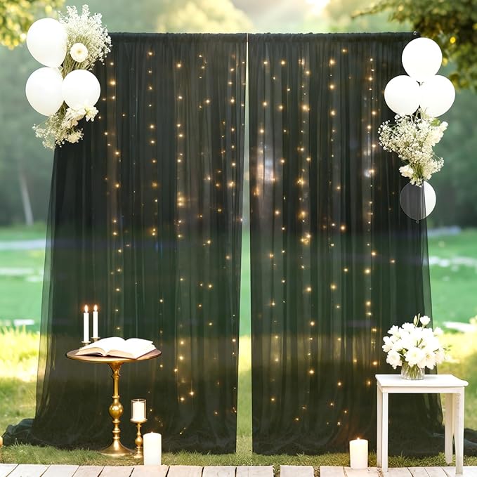 Ledido 10×10ft Tulle Backdrop Curtains with Lights String - 300LED Fairy Lights Sheer Curtain Backdrop for Weddings Baby Shower and Birthday Party Decorations(2 Panels 5×10ft)