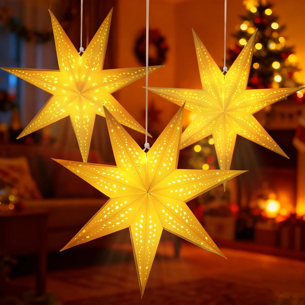 Paper Star Lanterns with Lights, Christmas Hanging Decor Indoor, 3-Pack