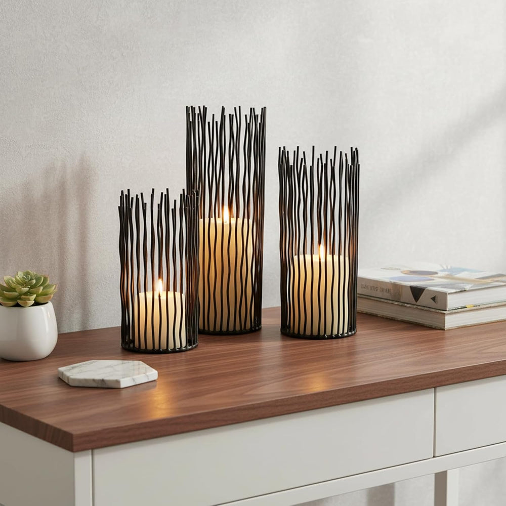 Metal Candle Holders for Pillar Candles - Black Wire Candle Holder Set of 3